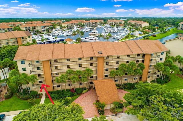 drone / aerial view with a water view