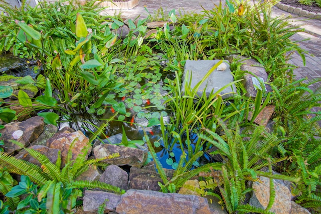 exterior details with a garden pond