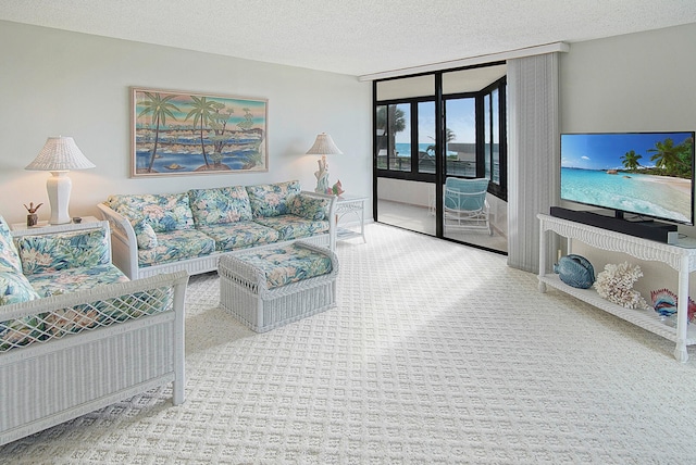 carpeted living room featuring a textured ceiling