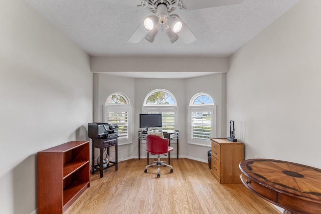 office with light hardwood / wood-style floors, a textured ceiling, and ceiling fan