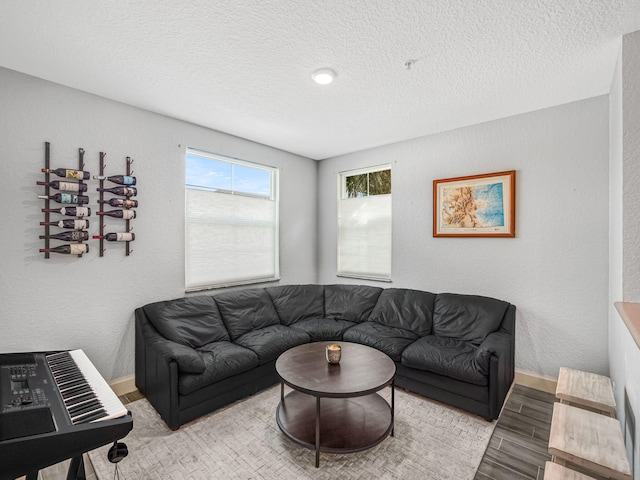 living room with light hardwood / wood-style floors and a textured ceiling