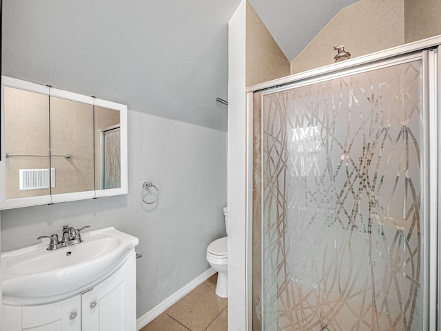 bathroom with a shower with shower door, toilet, tile patterned floors, vaulted ceiling, and vanity