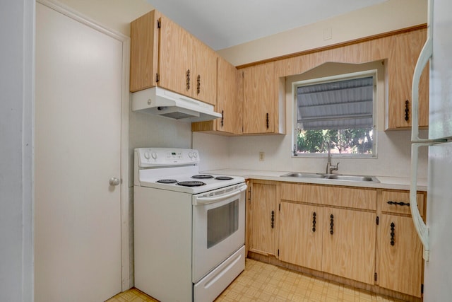 kitchen featuring light brown cabinetry, sink, and white appliances