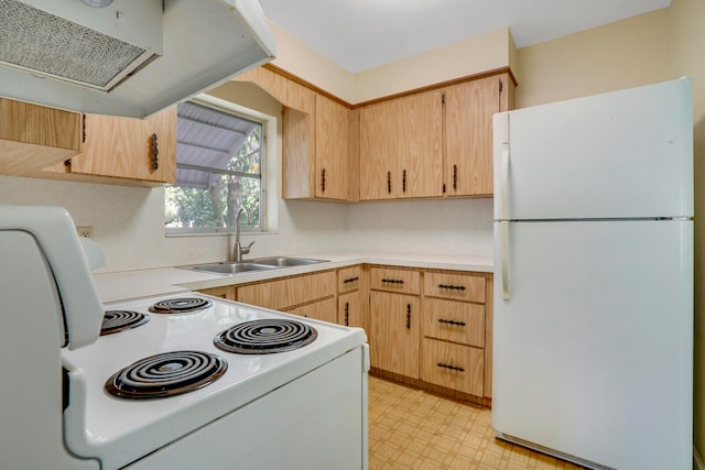 kitchen with extractor fan, sink, light brown cabinetry, and white appliances