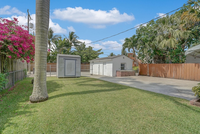 view of yard with a patio and a storage unit