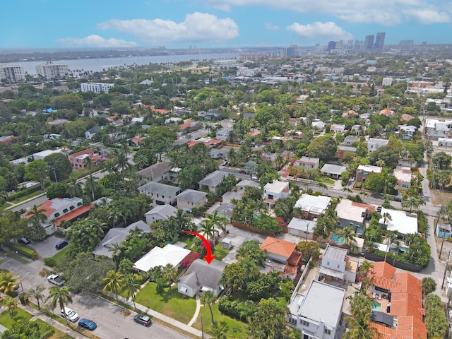 aerial view featuring a water view