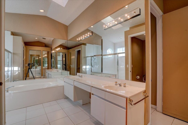 bathroom featuring vanity, plus walk in shower, tile patterned floors, vaulted ceiling, and a textured ceiling