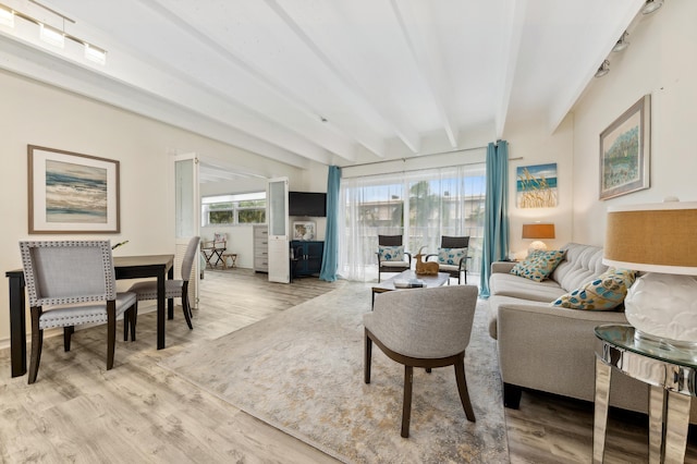 living room featuring light hardwood / wood-style floors and beamed ceiling