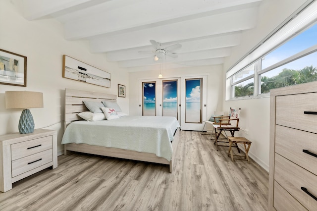 bedroom featuring ceiling fan, beam ceiling, light hardwood / wood-style flooring, and access to outside