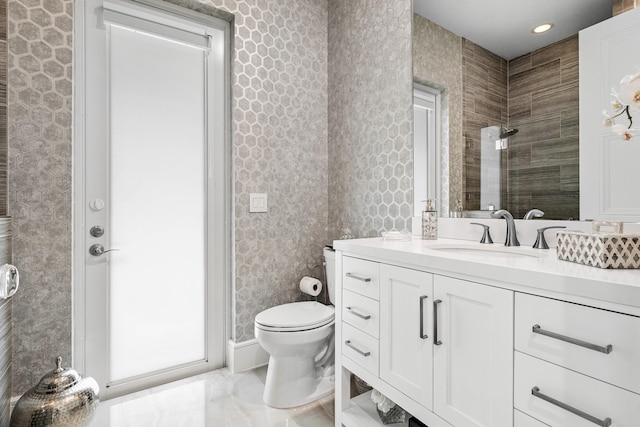 bathroom with vanity, a shower, and toilet