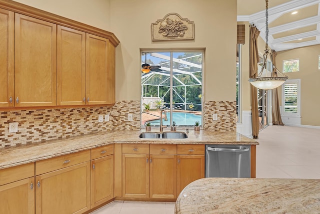 kitchen with beam ceiling, stainless steel dishwasher, sink, and backsplash