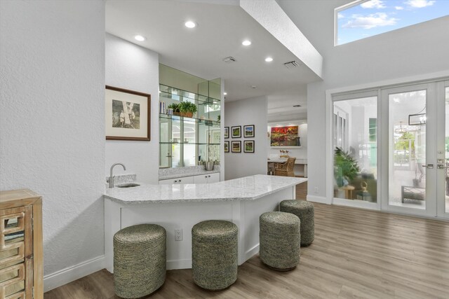 bar featuring wood finished floors, a sink, visible vents, baseboards, and french doors