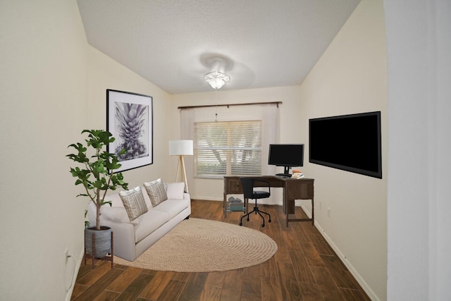 office area featuring baseboards and dark wood-type flooring