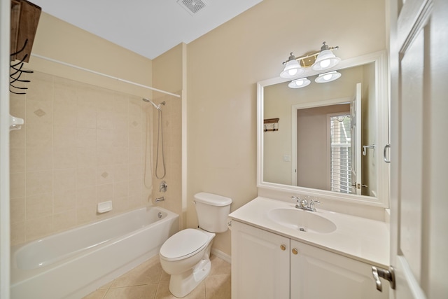 full bath featuring visible vents, toilet, vanity,  shower combination, and tile patterned flooring