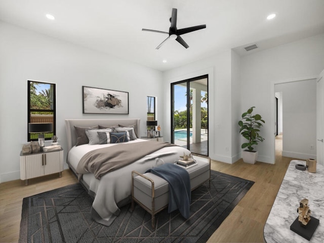 bedroom featuring light hardwood / wood-style floors, access to outside, and ceiling fan