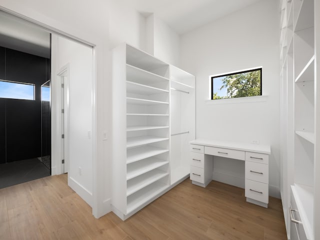 walk in closet with light hardwood / wood-style flooring