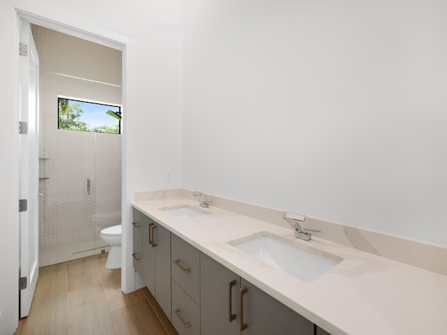 bathroom featuring toilet, hardwood / wood-style floors, vanity, and a shower with door