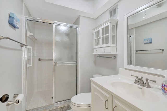 full bathroom featuring vanity, a stall shower, and toilet