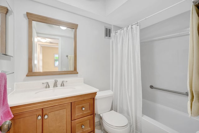 full bath with toilet, visible vents, shower / bath combination with curtain, and vanity