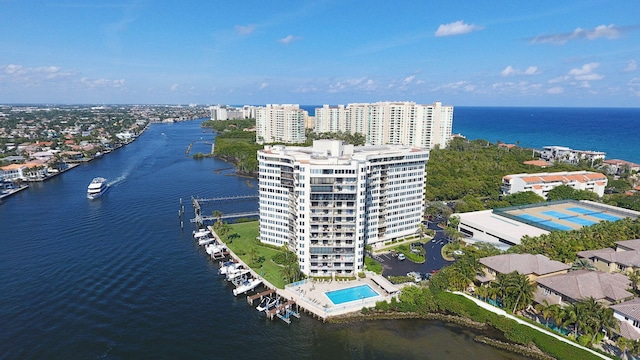 drone / aerial view featuring a water view