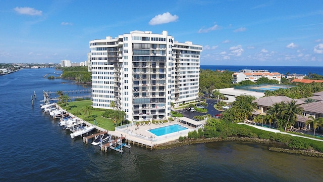 drone / aerial view featuring a water view