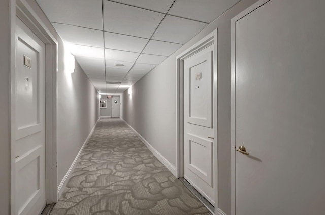 corridor featuring a paneled ceiling and light colored carpet