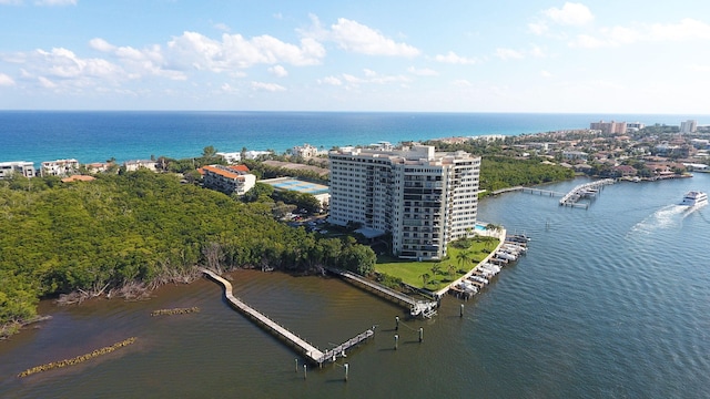 aerial view featuring a water view