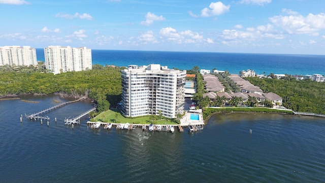 bird's eye view with a water view