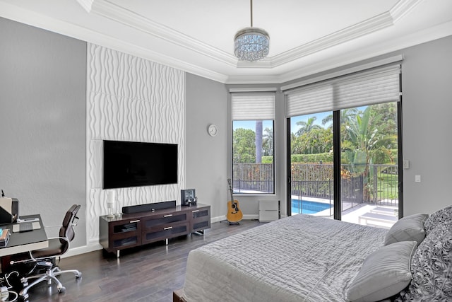 bedroom with crown molding, dark wood-type flooring, and access to outside