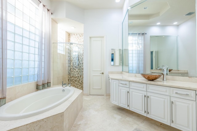 bathroom with vanity and separate shower and tub