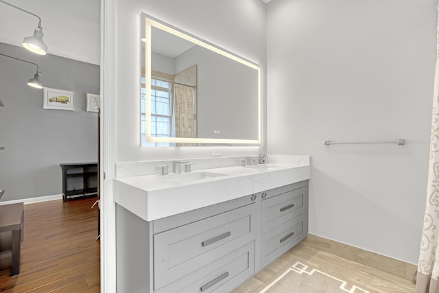 bathroom featuring vanity and hardwood / wood-style floors