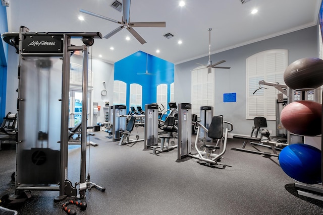 exercise room featuring crown molding and ceiling fan