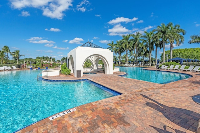 view of swimming pool featuring a patio