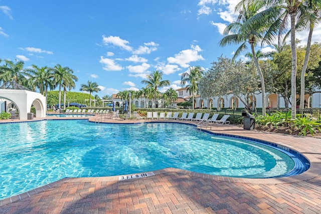 view of swimming pool with a patio