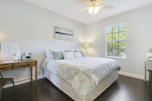 bedroom with ceiling fan and dark wood-type flooring