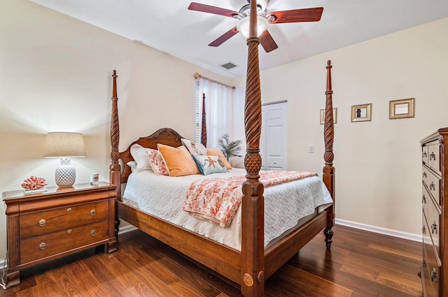 bedroom featuring ceiling fan and dark hardwood / wood-style flooring