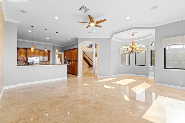 unfurnished living room featuring ornamental molding and ceiling fan with notable chandelier