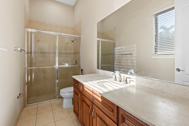 bathroom with vanity, tile patterned flooring, toilet, and walk in shower