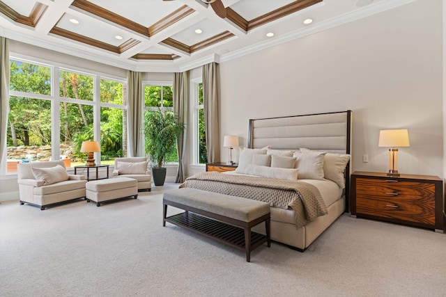 carpeted bedroom featuring coffered ceiling, crown molding, and beamed ceiling