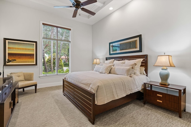 carpeted bedroom with ceiling fan