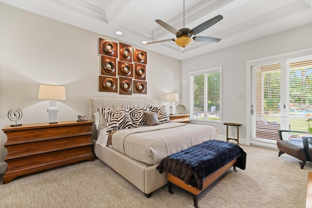 carpeted bedroom featuring coffered ceiling, access to outside, ornamental molding, beamed ceiling, and ceiling fan