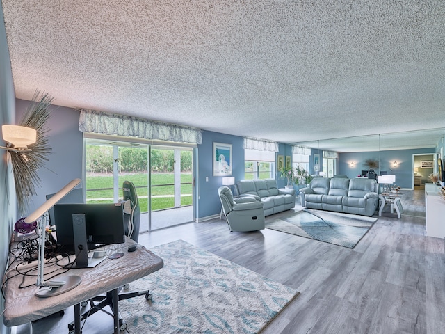 living room featuring plenty of natural light, a textured ceiling, and hardwood / wood-style flooring