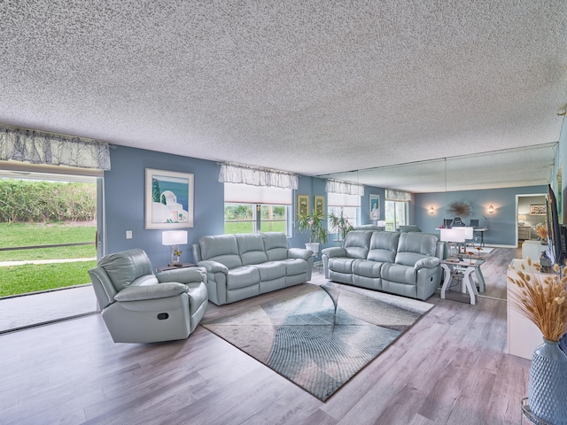 living room featuring a wealth of natural light, light hardwood / wood-style flooring, and a textured ceiling