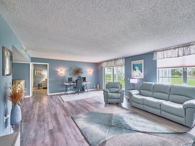 living room featuring a textured ceiling and hardwood / wood-style flooring