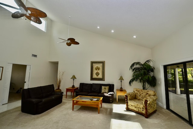 living room with light carpet, high vaulted ceiling, and ceiling fan