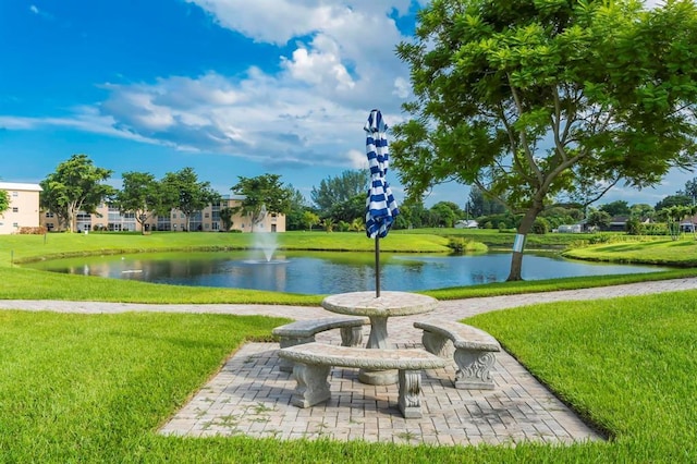 view of community featuring a yard and a water view