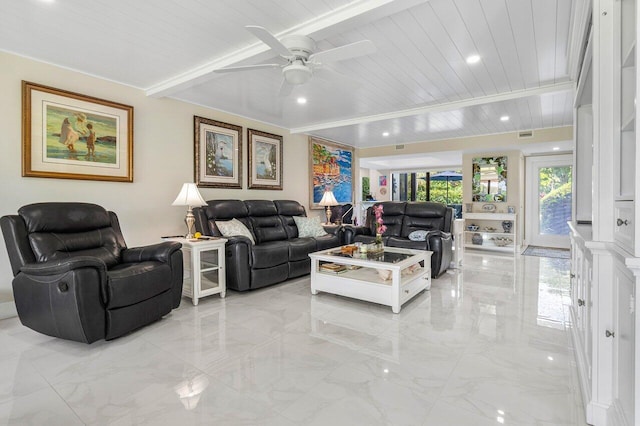 living room featuring ceiling fan, wooden ceiling, and beam ceiling