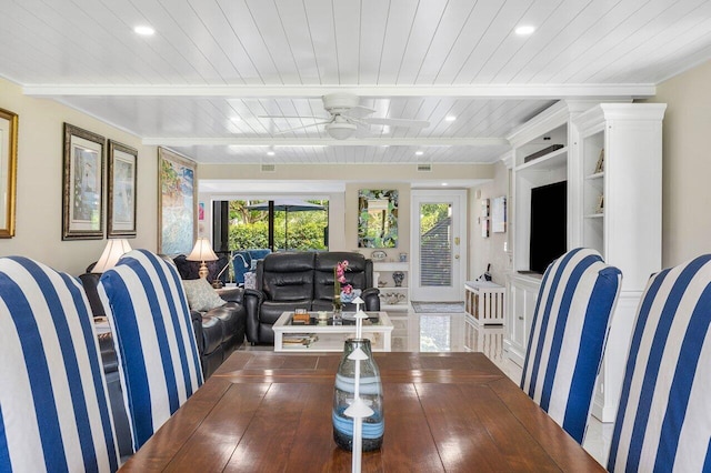 dining space featuring wood ceiling, dark wood-type flooring, and ceiling fan