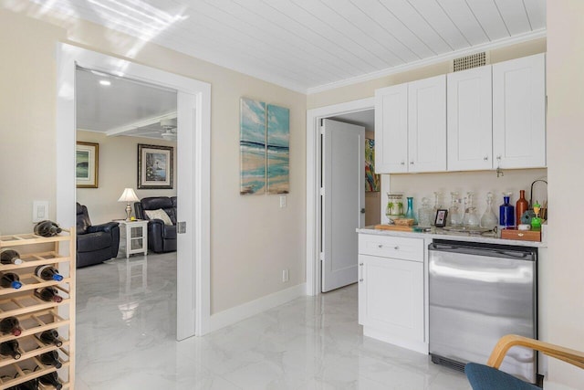 kitchen with crown molding, stainless steel refrigerator, wood ceiling, and white cabinets