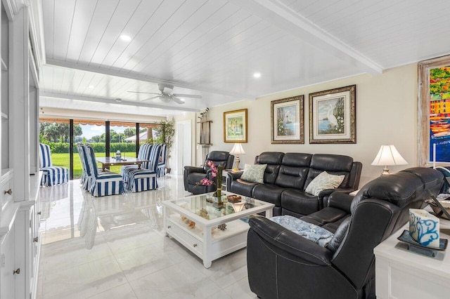 tiled living room with beamed ceiling, wood ceiling, and ceiling fan